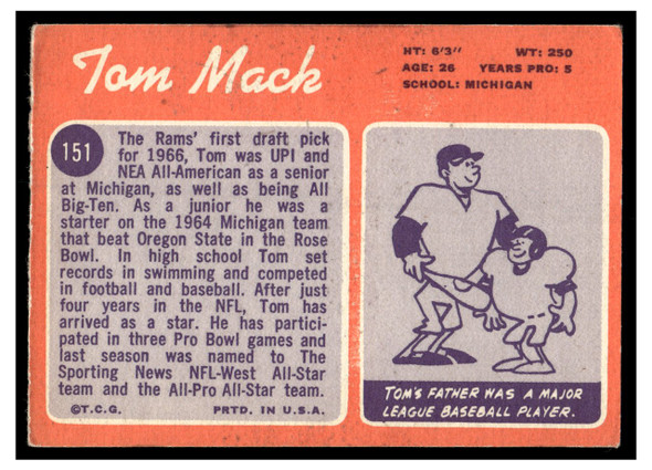 1970 Topps Tom Mack #151 Low Grade - Creases — Example B back of card