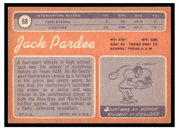 1970 Topps Jack Pardee #68 VG-EX back of card