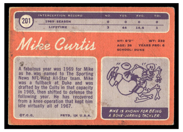 1970 Topps Mike Curtis #201 Low Grade - Creases — Example B back of card