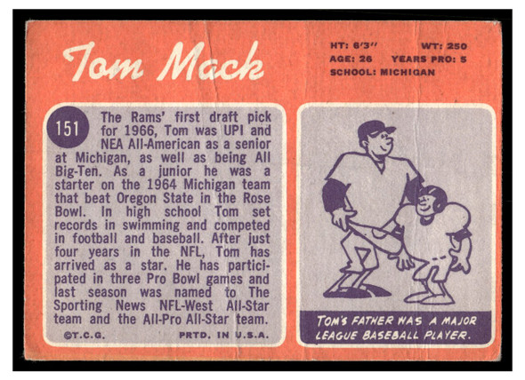 1970 Topps Tom Mack #151 Low Grade - Creases — Example C back of card