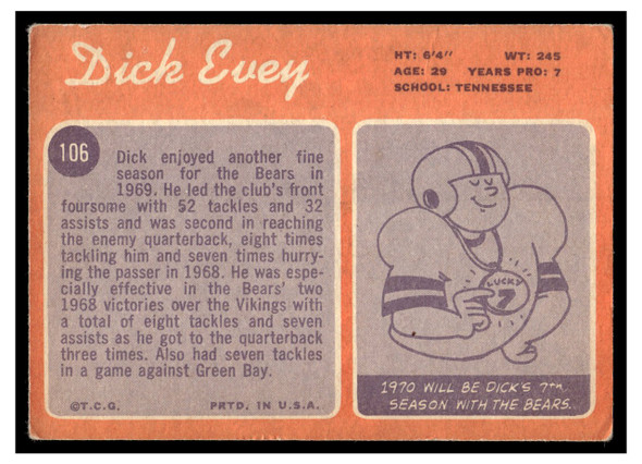1970 Topps Dick Evey #106 VG — Example A back of card