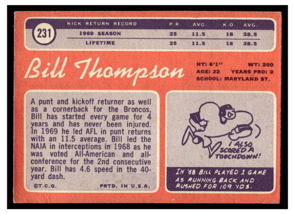 1970 Topps Bill Thompson #231 VG back of card