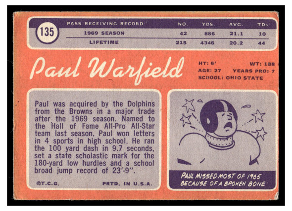 1970 Topps Paul Warfield #135 Low Grade - Marks back of card