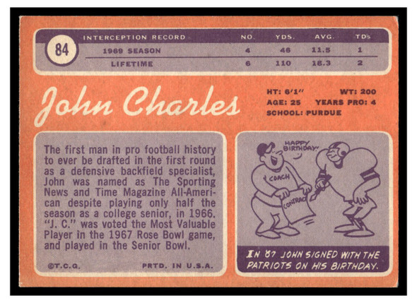 1970 Topps John Charles #84 VG-EX back of card