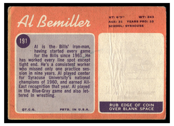 1970 Topps Al Bemiller #191 Low Grade - Marks back of card