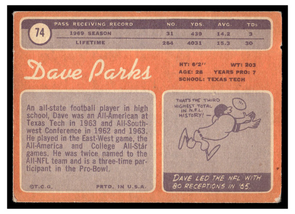 1970 Topps Dave Parks #74 VG — Example C back of card