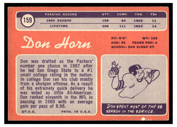 1970 Topps Football Don Horn #159 VG back of card
