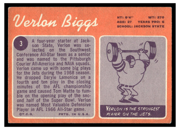 1970 Topps Football Verlon Biggs #3 Good back of card
