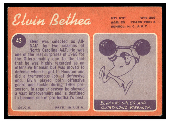 1970 Topps Football Elvin Bethea #43 Good — Example A back of card