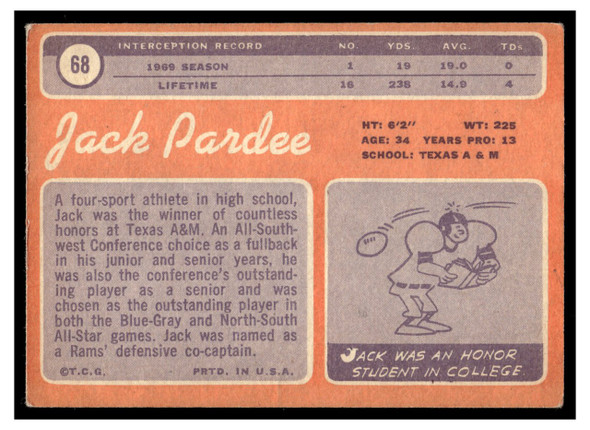1970 Topps Football Jack Pardee #68 Good — Example A back of card