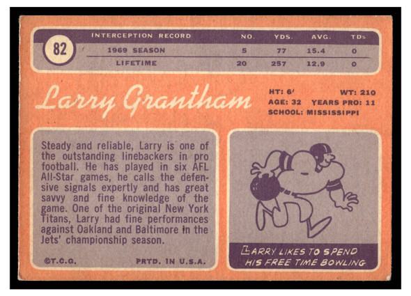 1970 Topps Football Larry Grantham #82 Good — Example B back of card