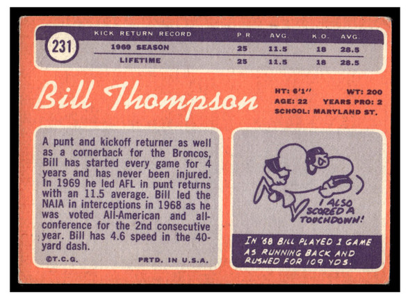 1970 Topps Football Bill Thompson #231 Good — Example B back of card