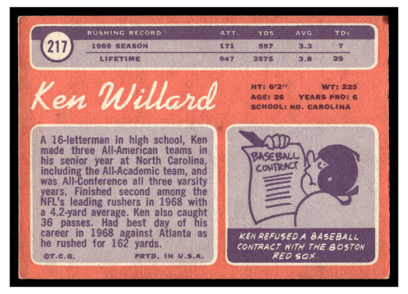 1970 Topps Football Ken Willard #217 VG — Example B back of card
