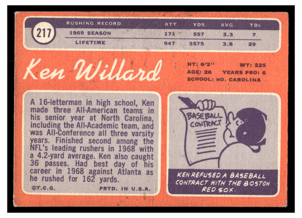 1970 Topps Football Ken Willard #217 Low Grade - Marks back of card
