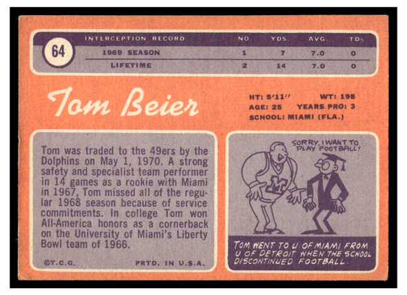 1970 Topps Football Tom Beier #64 VG back of card