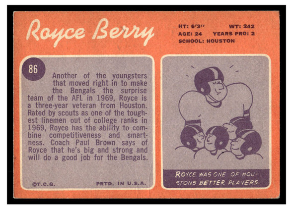 1970 Topps Football Royce Berry #86 Low Grade - Creases back of card