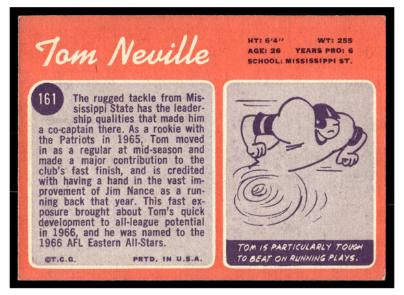 1970 Topps Football Tom Neville #161 VG back of card