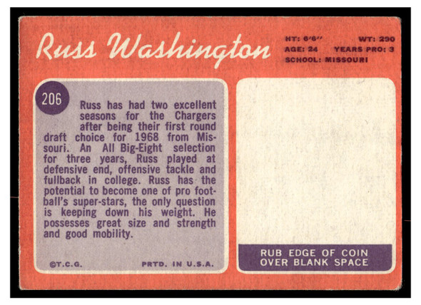 1970 Topps Football Russ Washington #206 Low Grade - Marks back of card
