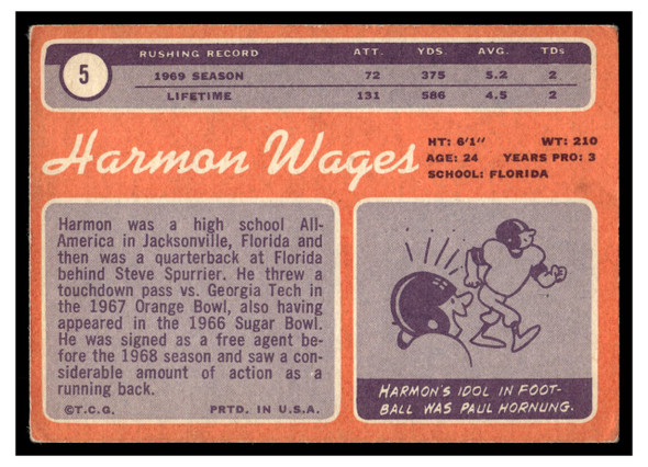 1970 Topps Football Harmon Wages #5 VG back of card