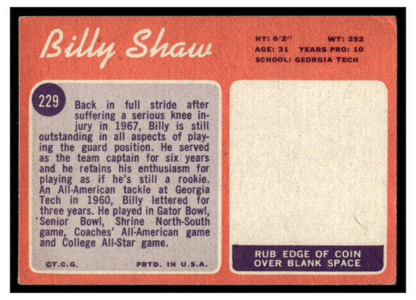 1970 Topps Football Billy Shaw #229 Good — Example B back of card