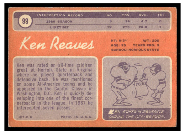 1970 Topps Football Ken Reaves #99 Good — Example B back of card