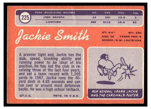 1970 Topps Football Jackie Smith #225 Low Grade - Creases back of card