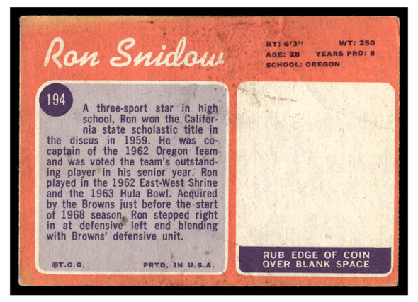 1970 Topps Football Ron Snidow #194 Low Grade - Marks back of card