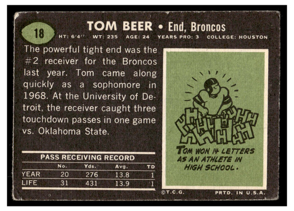 1969 Topps Football Tom Beer #18 Low Grade - Creases back of card