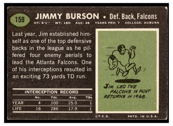 1969 Topps Football Jimmy Burson #159 Good back of card