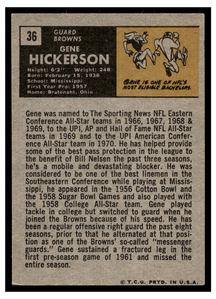 1971 Topps Football Gene Hickerson #36 Low Grade - Creases back of card