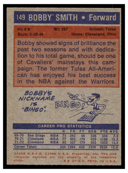 1972 Topps Basketball Bobby Smith #149 VG back of card