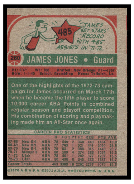1973 Topps Basketball James Jones #260 VG-EX back of card