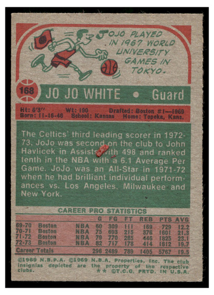 1973 Topps Basketball Jo Jo White #168 Low Grade - Marks back of card