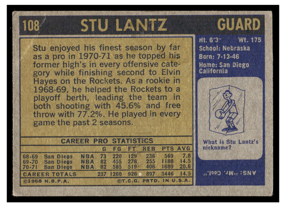 1971 Topps Basketball Stu Lantz #108 Low Grade - Creases back of card