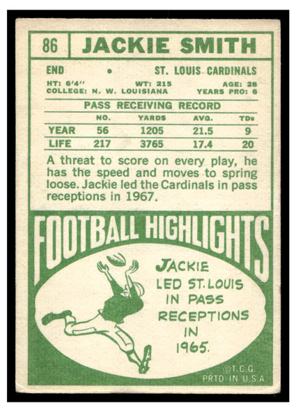 1968 Topps Football Jackie Smith #86 VG back of card
