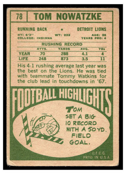 1968 Topps Football Tom Nowatzke #78 VG — Example A back of card