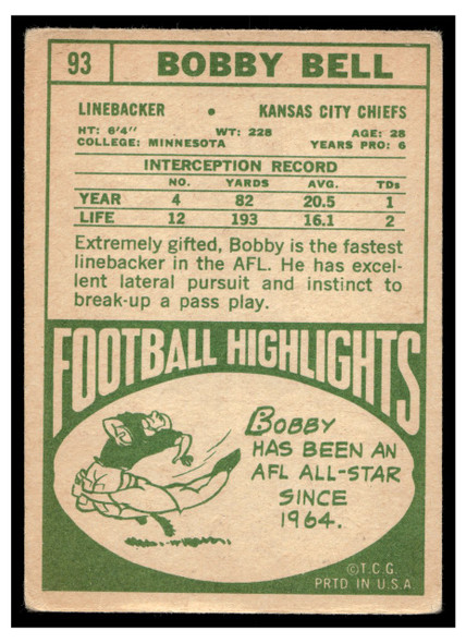 1968 Topps Football Bobby Bell #93 VG back of card