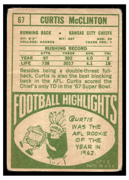 1968 Topps Football Curtis McClinton #67 VG — Example B back of card