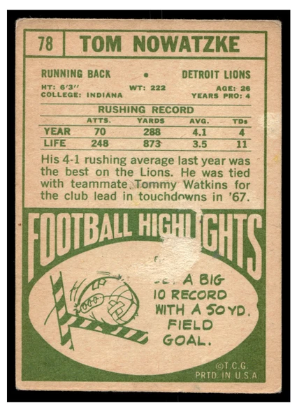 1968 Topps Football Tom Nowatzke #78 VG — Example B back of card