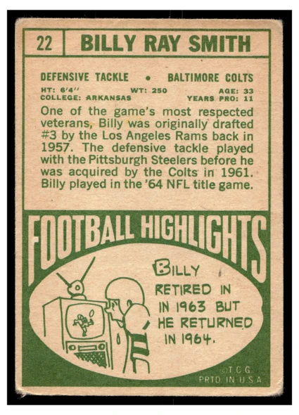 1968 Topps Football Billy Ray Smith #22 VG back of card