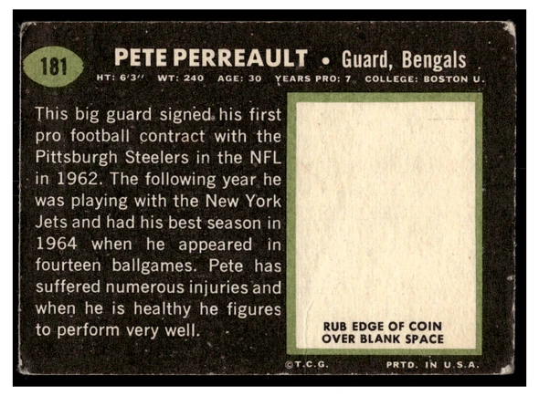 1969 Topps Football Pete Perreault #181 VG back of card