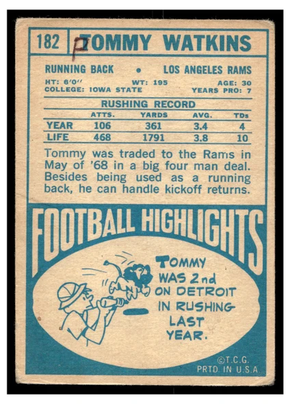 1968 Topps Football Tommy Watkins #182 Low Grade - Marks back of card