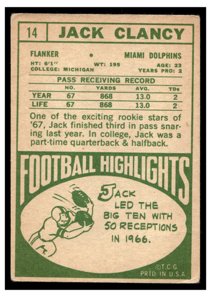 1968 Topps Football Jack Clancy #14 VG back of card