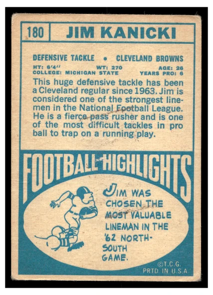 1968 Topps Football Jim Kanicki #180 VG back of card