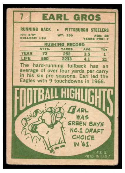 1968 Topps Football Earl Gros #7 VG — Example B back of card