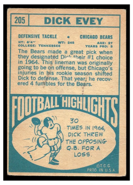 1968 Topps Football Dick Evey #205 VG back of card