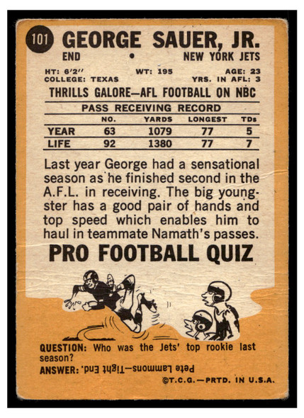 1967 Topps Football George Sauer Jr. #101 Low Grade - Creases back of card