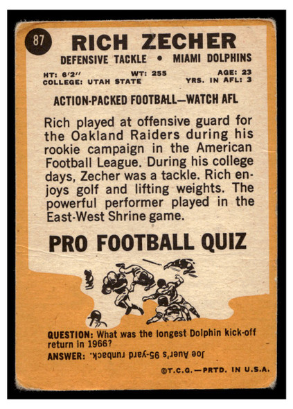 1967 Topps Football Rich Zecher #87 VG back of card