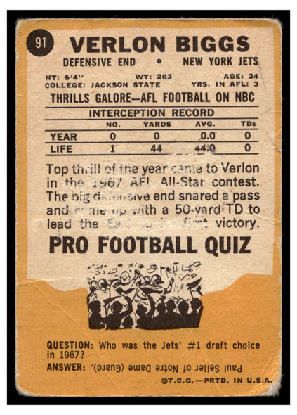1967 Topps Football Verlon Biggs #91 VG back of card
