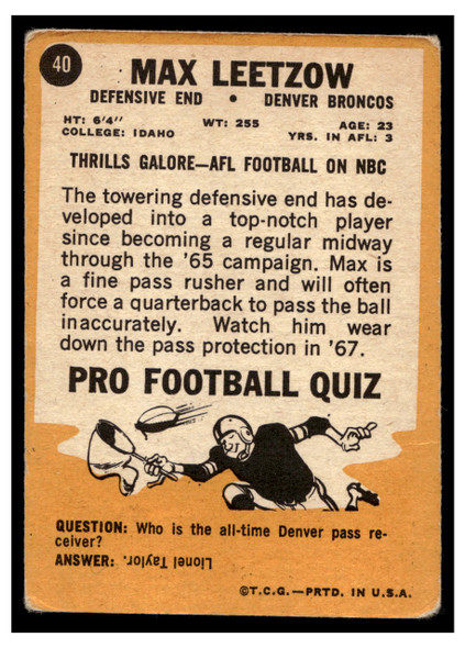 1967 Topps Football Max Leetzow #40 Good — Example A back of card